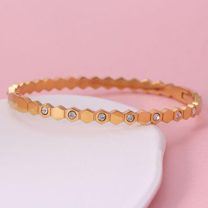 European Geometric Honeycomb Open Women's Stainless Steel Bracelet with Inlaid Rhinestones