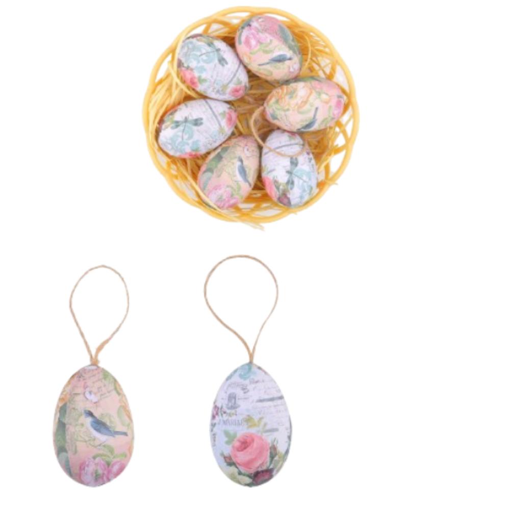 6pcs Foam Painted Easter Eggs Pendant with Basket Butterfly Egg Hanging Ornament  Home Decoration