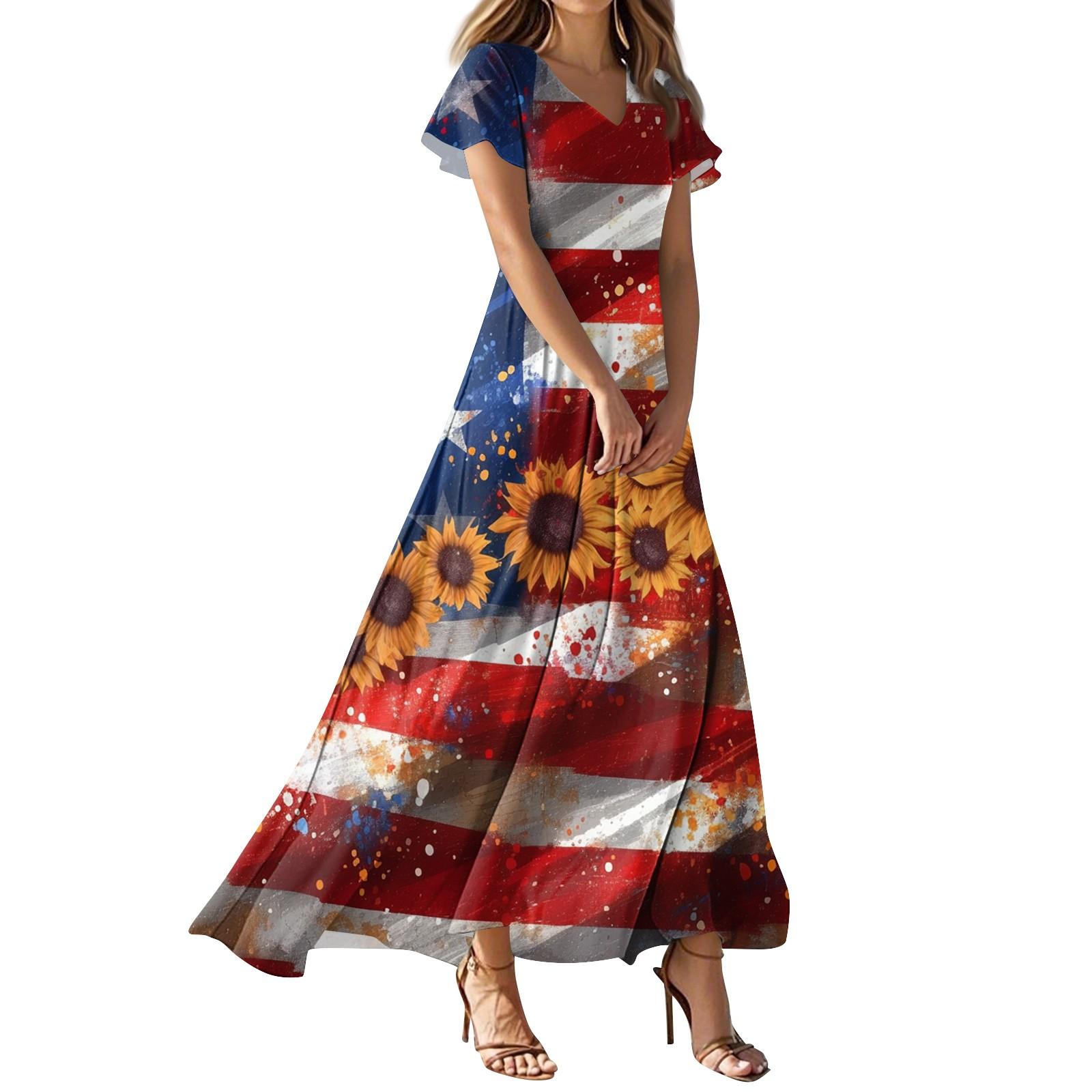 

Женское повседневное платье с принтом флага Дня независимости, V-образным вырезом, короткими рукавами и высокой талией XL