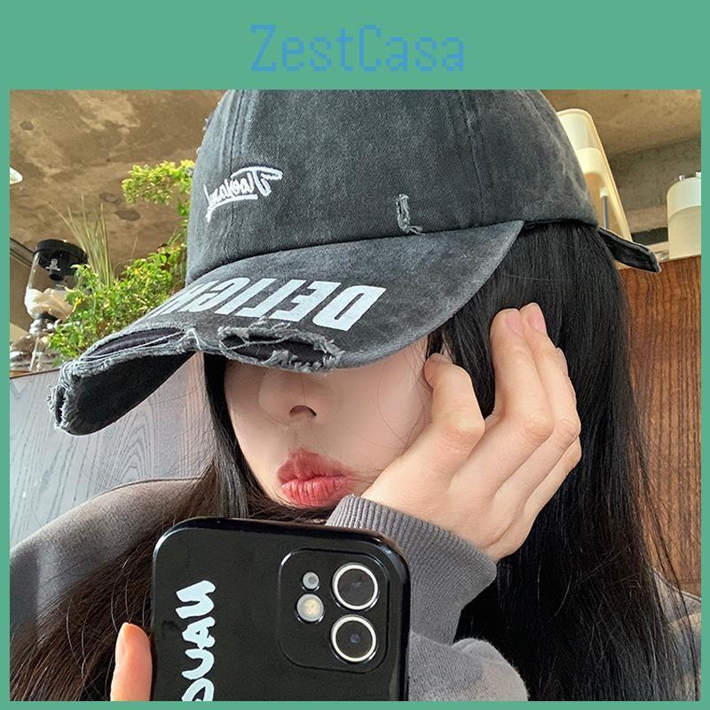 Black Wide Chic Brim Baseball Cap For Women With Distressed Versatile Style
