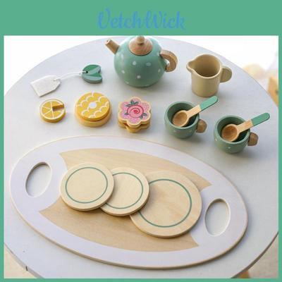 Conjunto de Chá de Faz de Conta para Crianças com Bules e Bolos de Madeira para Brincadeira de Cozinha Imaginativa