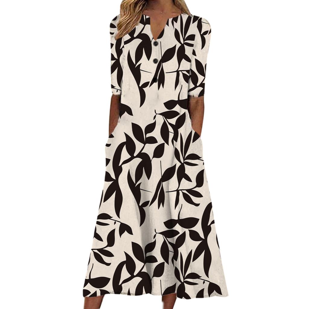 Floral Print V-Neck Mid-Sleeve Casual Dress with Pockets, Button Front, Loose Fit - White/Light Blue/Pink