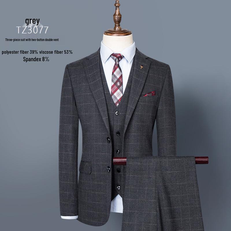 Men's Plaid Slim Fit Korean Style Tuxedo Three-Piece Suit for Weddings & Photography