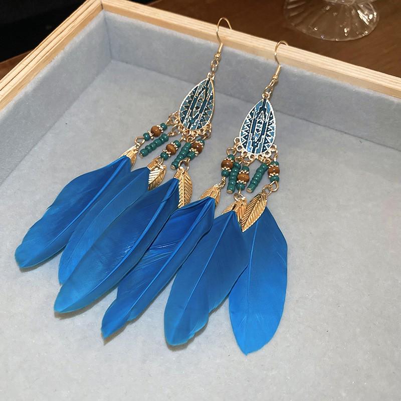 Bohemian Feather Seed Bead Tassel Earrings - Retro Ethnic Dangle Jewelry