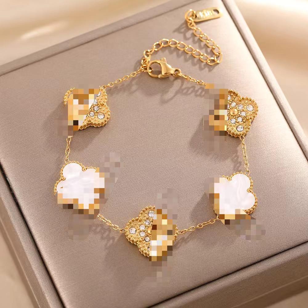 Luxe Titanium Staal Vierbladig Klaver Armband in Koreaanse Stijl met Ingelegde Diamanten voor Vrouwen - Kleurvast