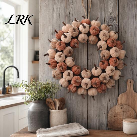 Artificial Pumpkin Vine Velvet Wreath Door Hanger, Fall Thanksgiving Garland, Rustic Fluffy Autumn Harvest Decor for Entryway Window, Farmhouse