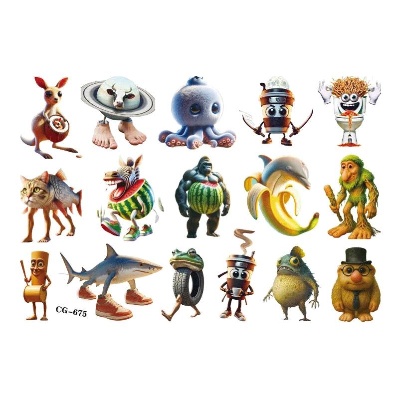 Abstract Tung Tung Sahur Animal Tattoo Stickers Italian Brainrot Funny Temporary Waterproof Tattoos Arm Decals Kids Party Gift