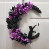 Halloween Wreath for Front Door Black Cat Moonlight Garland LED Lights Door Decor with Purple Flowers Indoor Outdoor Spooky Party Decoration