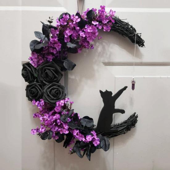 Halloween Wreath for Front Door Black Cat Moonlight Garland LED Lights Door Decor with Purple Flowers Indoor Outdoor Spooky Party Decoration