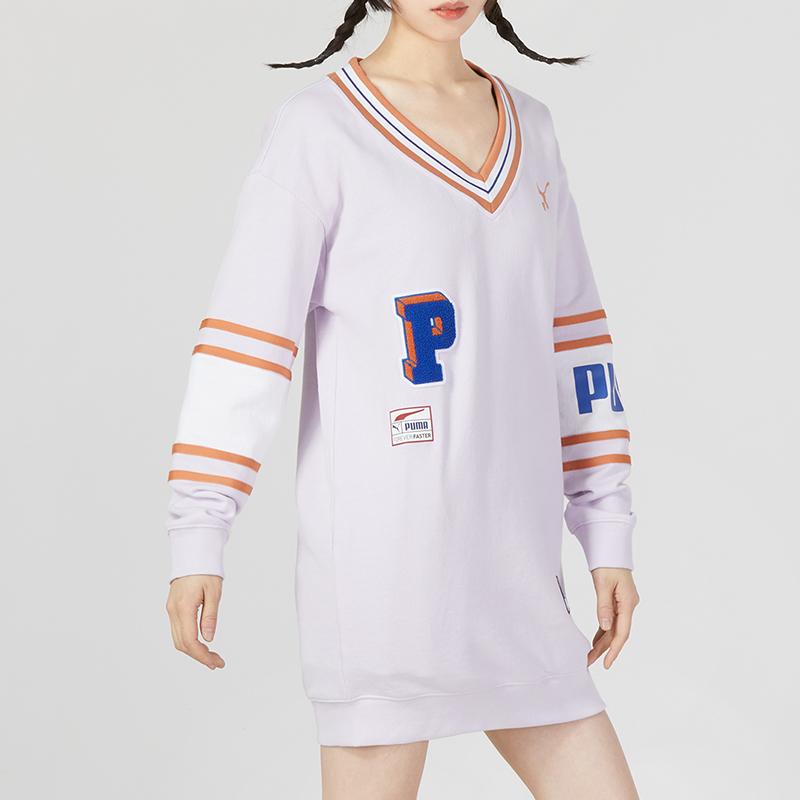 Puma Urban Vintage Badge Logo Print Sporty Casual Knit Long Sleeve Dress Women Dress Purple 677380-17