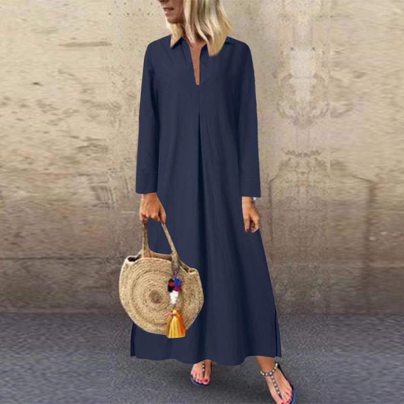 Buy ZANZEA Women V-neck Long Sleeve Dress Solid Color Loose Kaftan ...