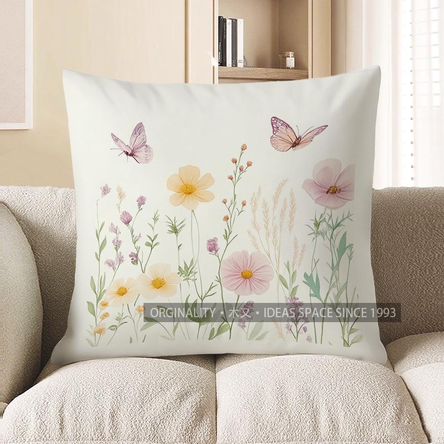 Home Decor Butterflies And Flowers Floral Pattern Pillow Pattern Cushion Cover Suitable For Sofa Bedroom Car Pillow Cover