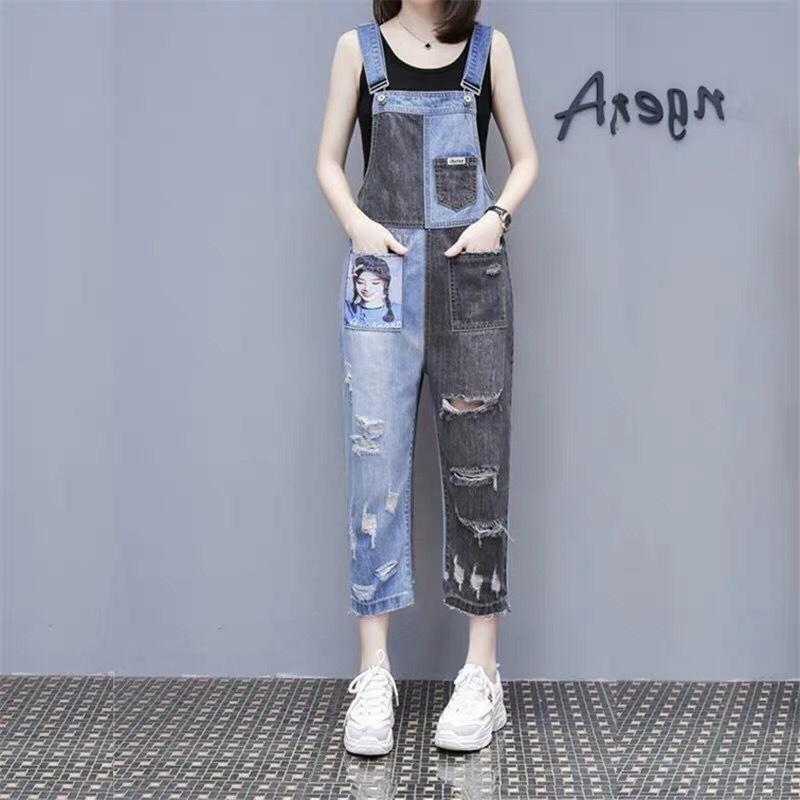 Mode Patchwork Denim Jumpsuits Kvinnlig Casual Hög Midja Hål Denimbyxor Kvinnor All Match Lös Casual Byxor