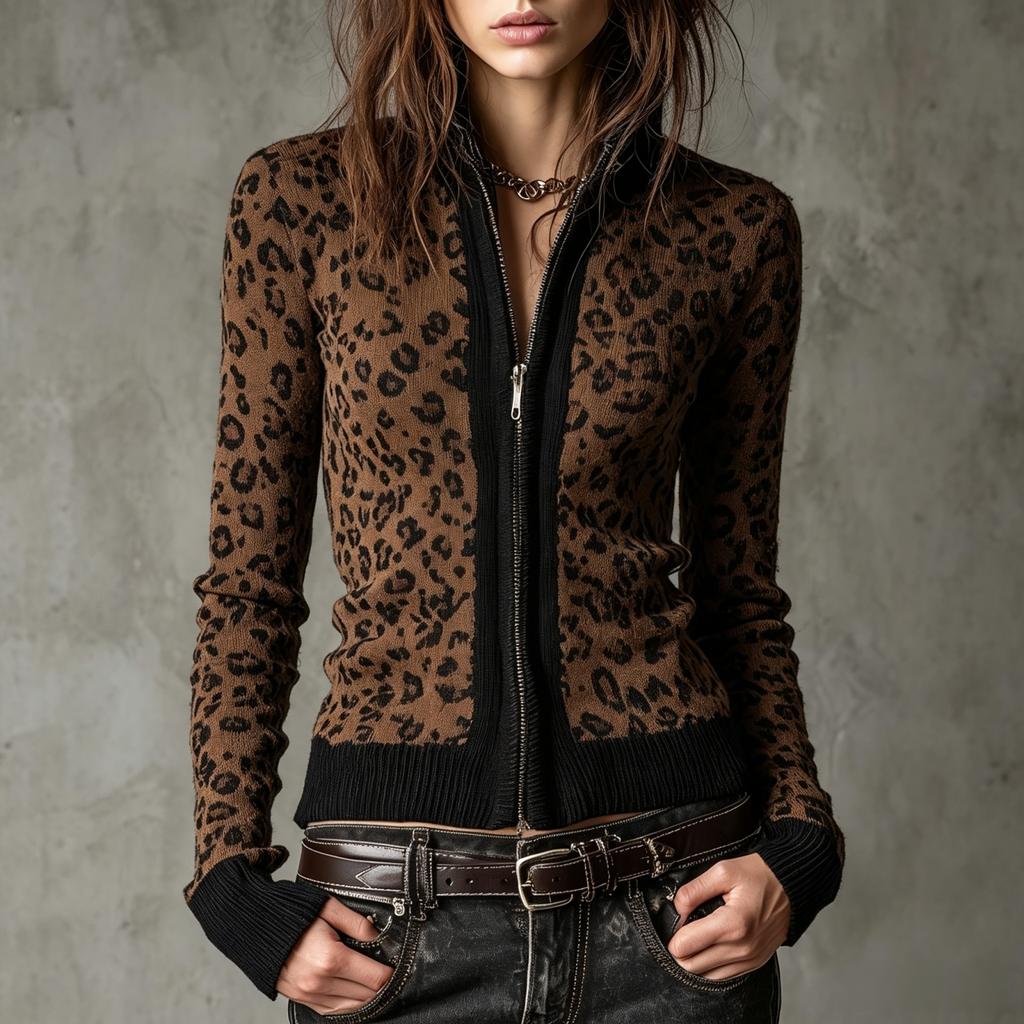 Women's Retro Leopard Print Zip Up Slim Fit Cardigan – Vintage Fashion Knit Cardigan