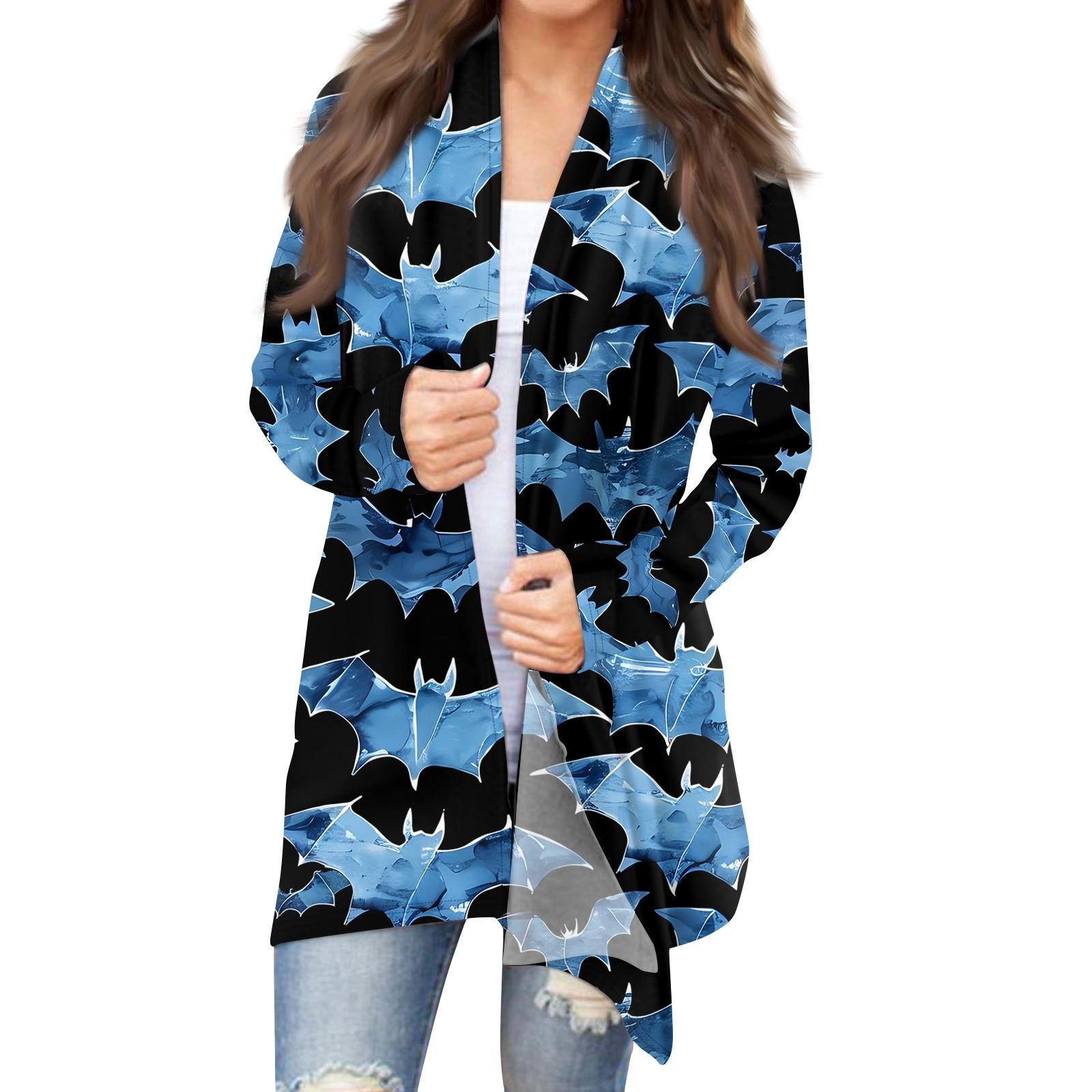 

Женский кардиган с длинным рукавом спереди и принтом на Хэллоуин, легкая куртка S синий