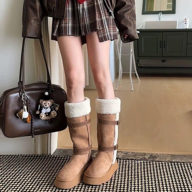 Autumn and Winter New Sheepskin Fur Integrated Warm Snow Boots Large Long Knight Boots Women's Wool Large Cotton Shoes
