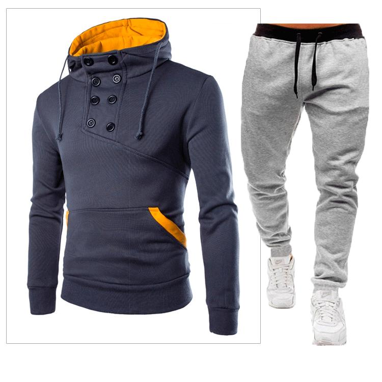 Men s Double-Breasted Hooded Slim Fit Pullover Sweatshirt Set XL