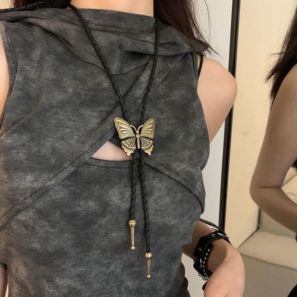 PU Woven Turquoise Feather Necklace Boho Bronze Butterfly Choker Five-pointed Star Bolo Tie Men