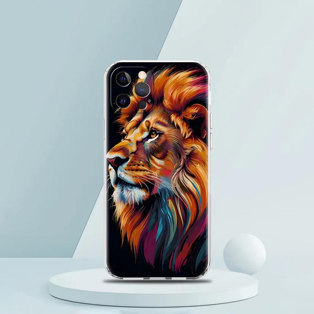 

Мягкий прозрачный чехол-бампер из ТПУ для iPhone 16 15 14 13 12 11 Pro Max XR 8 7 Plus XR Ударопрочный корпус Мультяшный цветной лев for iPhone 16