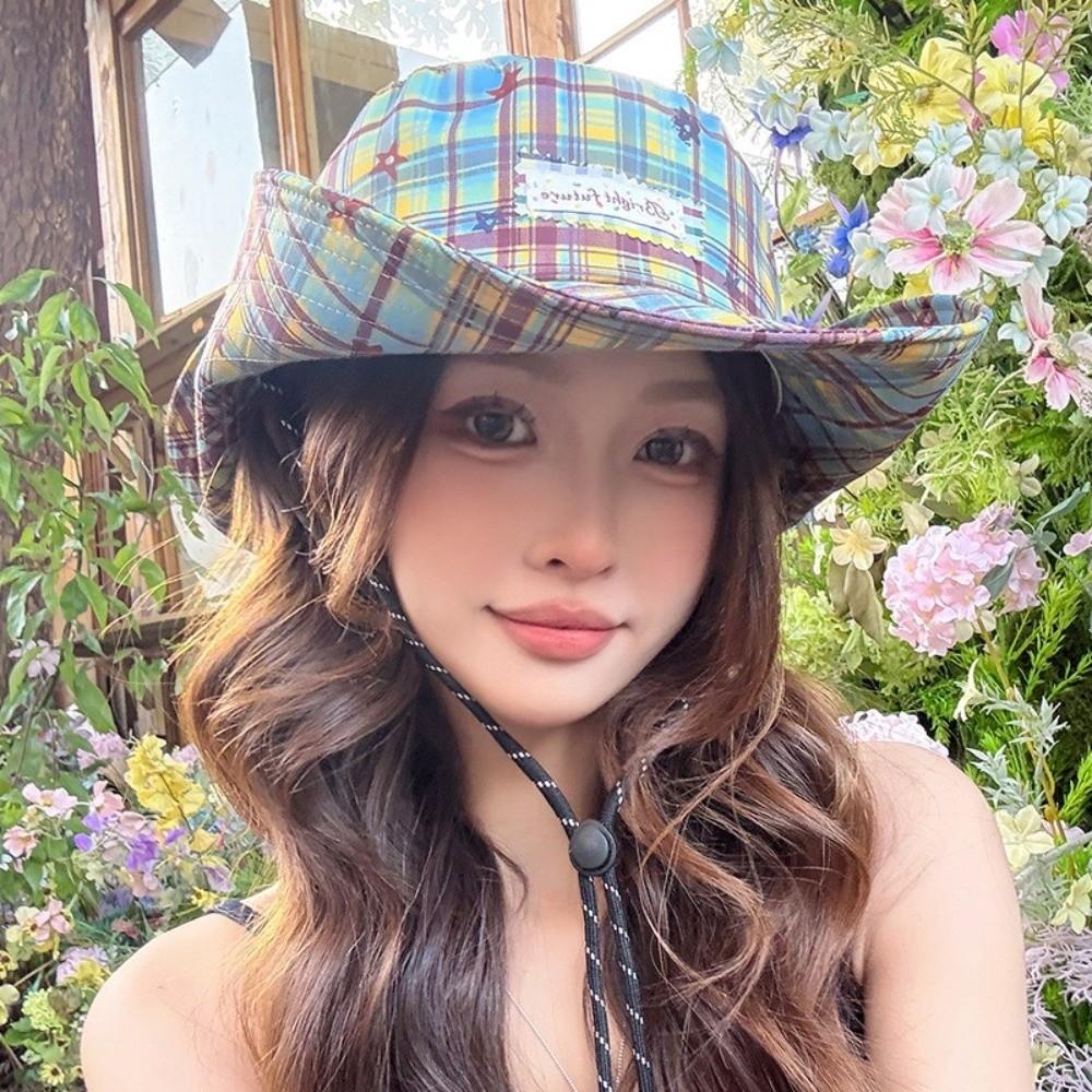 Trendy Sun-protective Fisherman Cap Big Brim Spring Summer Sun Hat Check Pattern Retro Beach Cap for Women