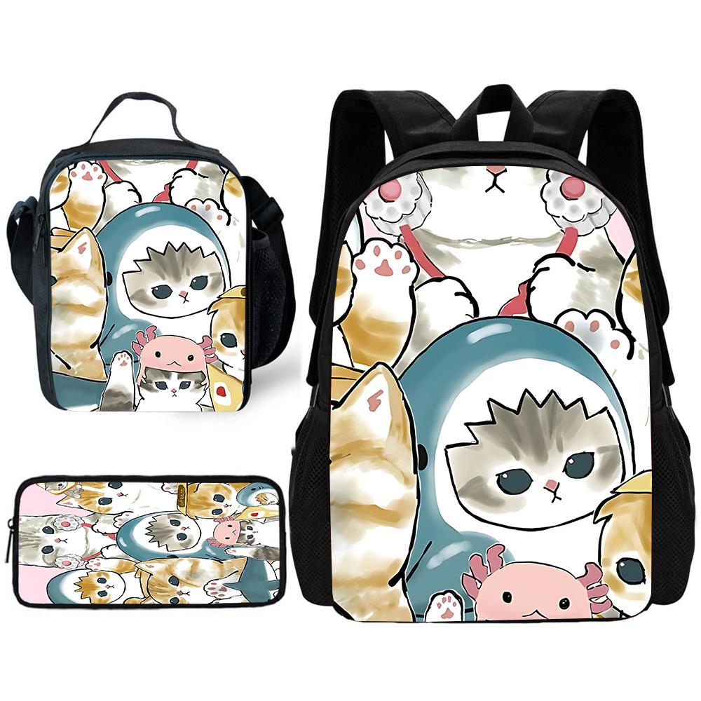 Kind School Grappige Kat M-mofusands-Rugzak met Lunchtassen, Etui, Schooltassen voor Jongens Meisjes Beste Cadeau