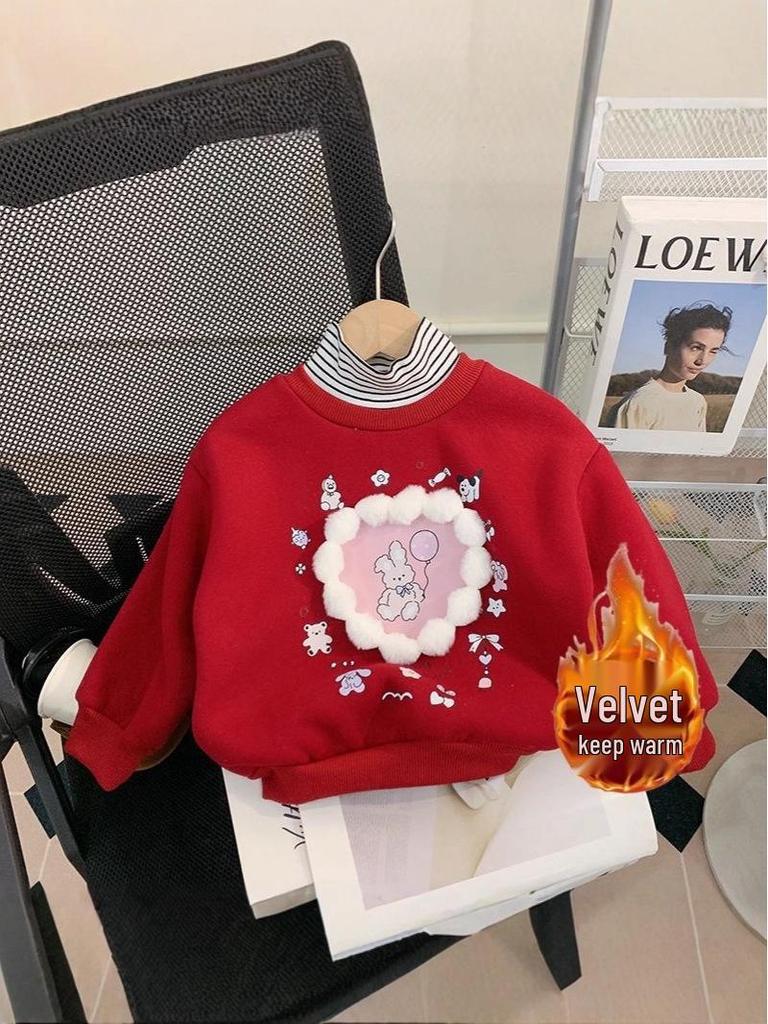 Toddler Girls' Cartoon High-Neck Sweatshirt, Autumn/Winter 2025, Velvet Pullover, Cute and Stylish