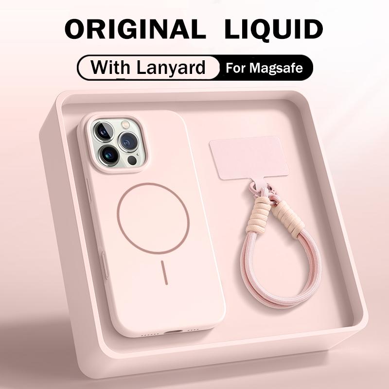 Luxury For Magsafe Magnetic Case For iPhone 17 15 14 16 Plus 11 12 13 Pro Max Original Liquid Silicone Lanyard Strap Soft Cover