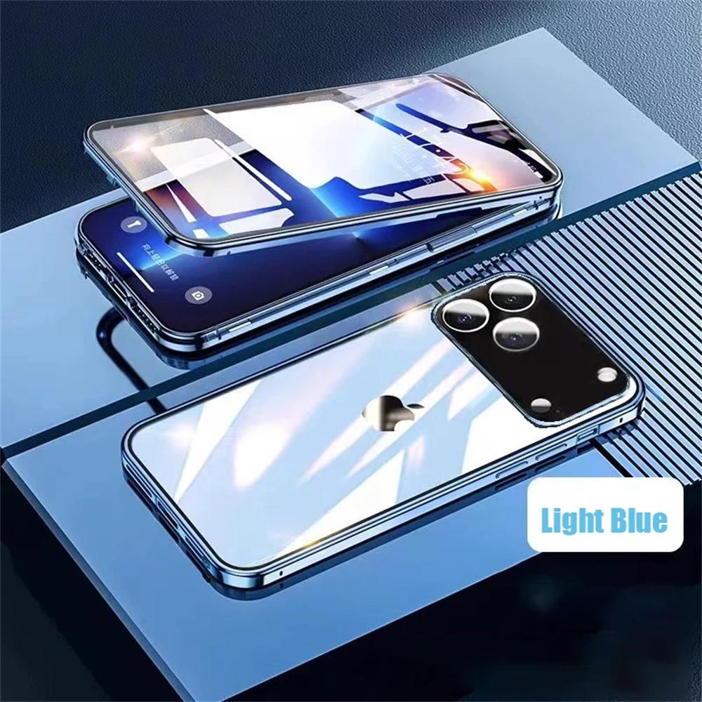 360 Full Protection Metal Magnetic Double-Sided Glass Snap Lock Phone Case For iPhone 17 Air 16 15 14 13 12 11 Pro Max Lens Protection Cover