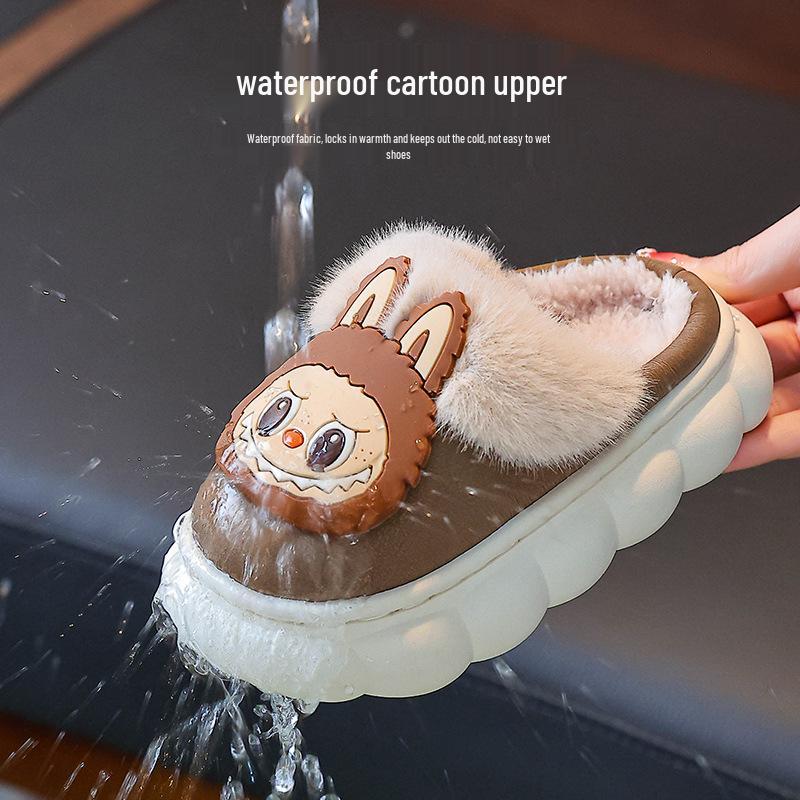 Waterproof PU Leather Cartoon Plush Slippers for Kids - Non-Slip, Cozy for Autumn & Winter