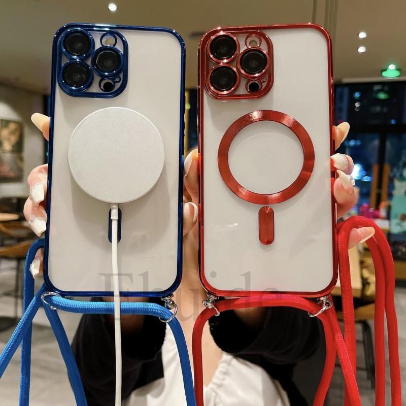 Magnetische Hülle für iPhone 17, 16, 14, 13, 12, 11 Pro, X, XS Max, Plus, 15 mit MagSafe-Technologie, transparenter Beschichtung, Tragegurt, Umhängeband und Nackenschutz