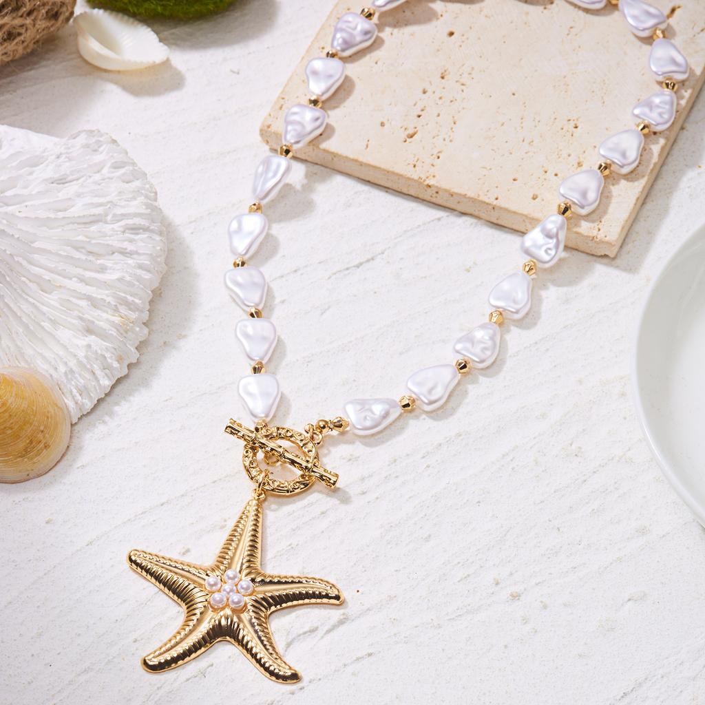 Bohemia Irregular Imitation Pearl Chain Necklace for Women Summer Beach OT Buckle Starfish Shell Turtle Choker Beach Jewelry