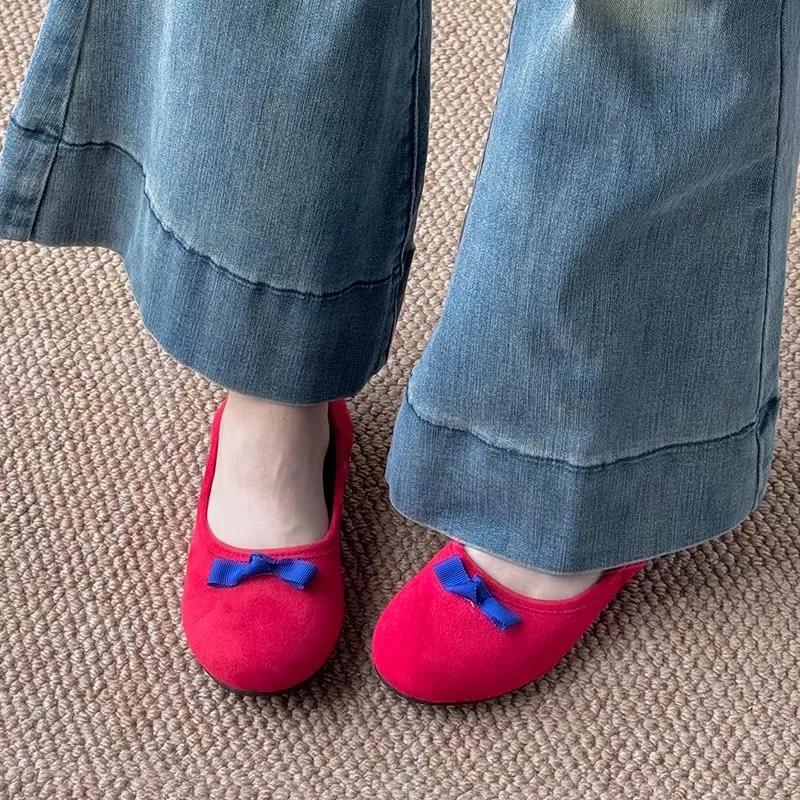 

Мода Лидер продаж Обувь для женщин Осенние женские туфли на плоской подошве с круглым носком Разноцветные бабочки-узлы Флок Неглубокий носок Слипоны Повседневные туфли на плоской подошве 42 красный
