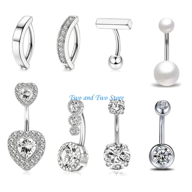 HX6F Versatile Belly Button Rings Set of 8 Stainless Steel Navel Rings Body Piercing