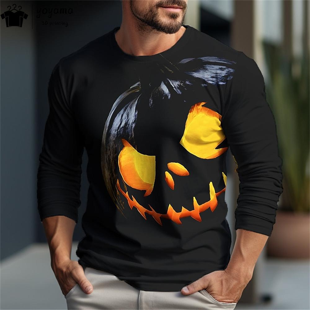 Halloween Print T shirt Men Fashion Men's Clothing Halloween Pumpkin Graphic T shirts Casual Men's Long Sleeve T-shirt Clothes