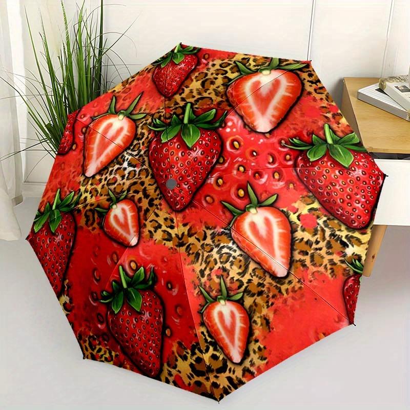 1pc Leopard Strawberry Print Automatic Folding Umbrella - Portable 8-Rib Foldable Design, Durable Plastic Iron, Stylish Ca (as the picture,Iron8K)