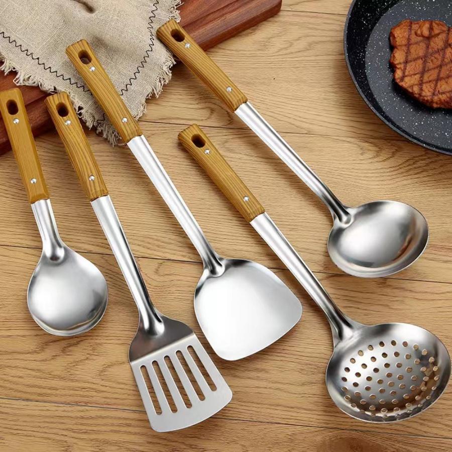 Stainless Steel Scalding Handle Spatula Spoon Colander Imitation Wood Grain Kitchenware Set Kitchen Cooking Spatula Thickened