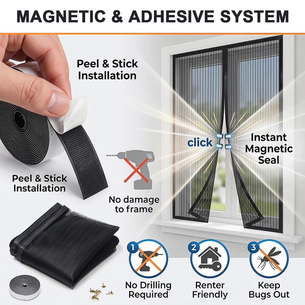 Magnetic Mosquito Screen, Window Screen, High-Density Polyester Screen, Magnetic-Closure Screen To Keep Out Mosquitoes and Flies—Black