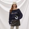 unifree Off-Shoulder Letter Jacquard Knit Sweater