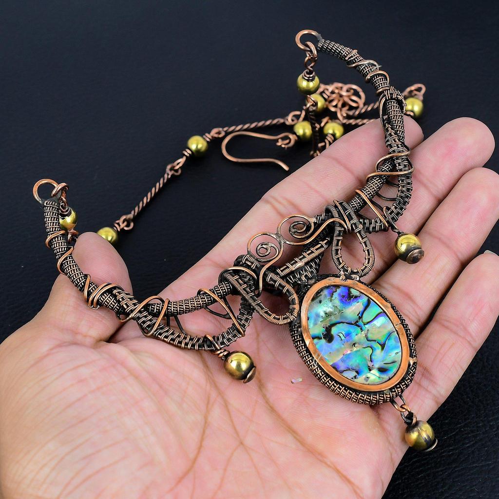 Abalone Muschel Halskette 999 Kupferdraht umwickelt Verstellbare Kettenhalskette Geschenk für Frauen, Handgefertigte Edelstein Schmuck Halskette