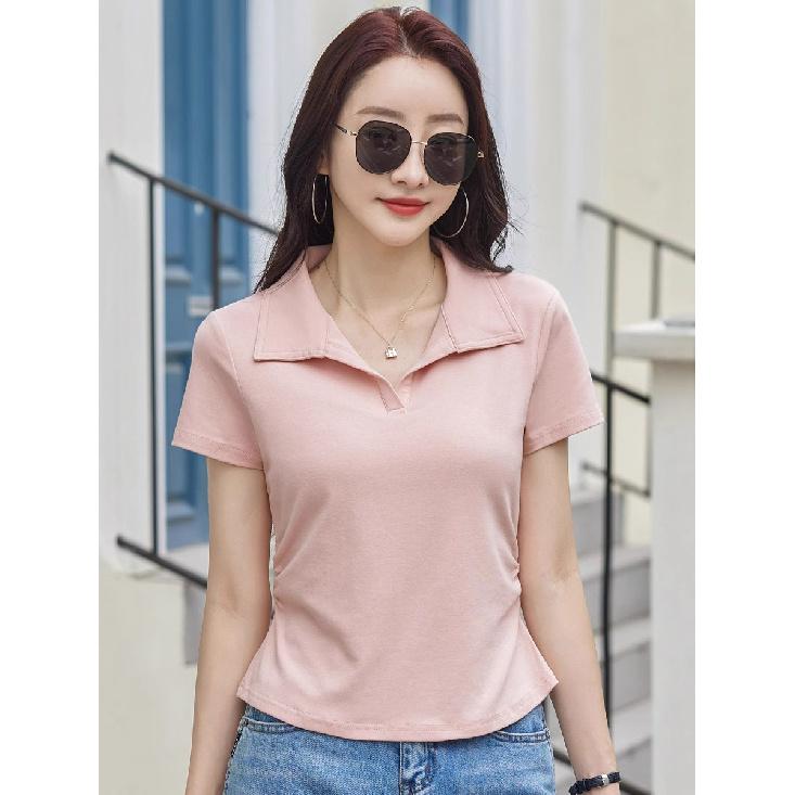 Turn-down Collar Short Sleeve T-shirt White Polo Shirt Women's Summer New Style Elegant Top Solid Color Casual T-shirt