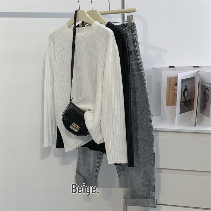 

Женский белый жаккардовый рубчатый топ с длинным рукавом - Свободный миди большого размера базовый слой для осени-зимы One Size бежевый