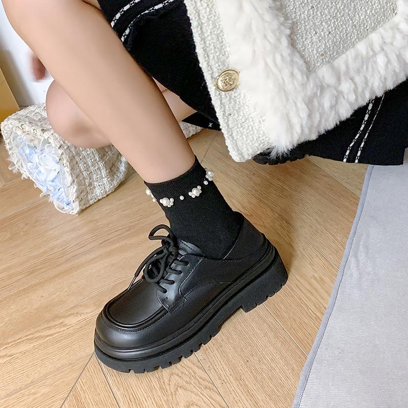 British Small Leather Shoes Women's Thick Heel 2024 Velvet College Style Lace-up Jk Uniform Single Shoes Leather Platform Loafers