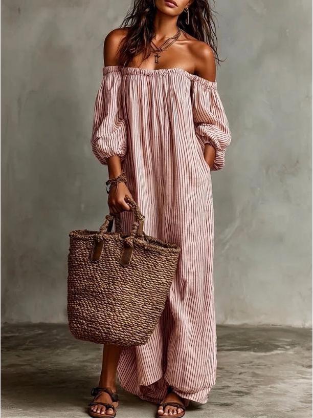 2026 Summer Elegant One-Shoulder Stripe Casual Dress