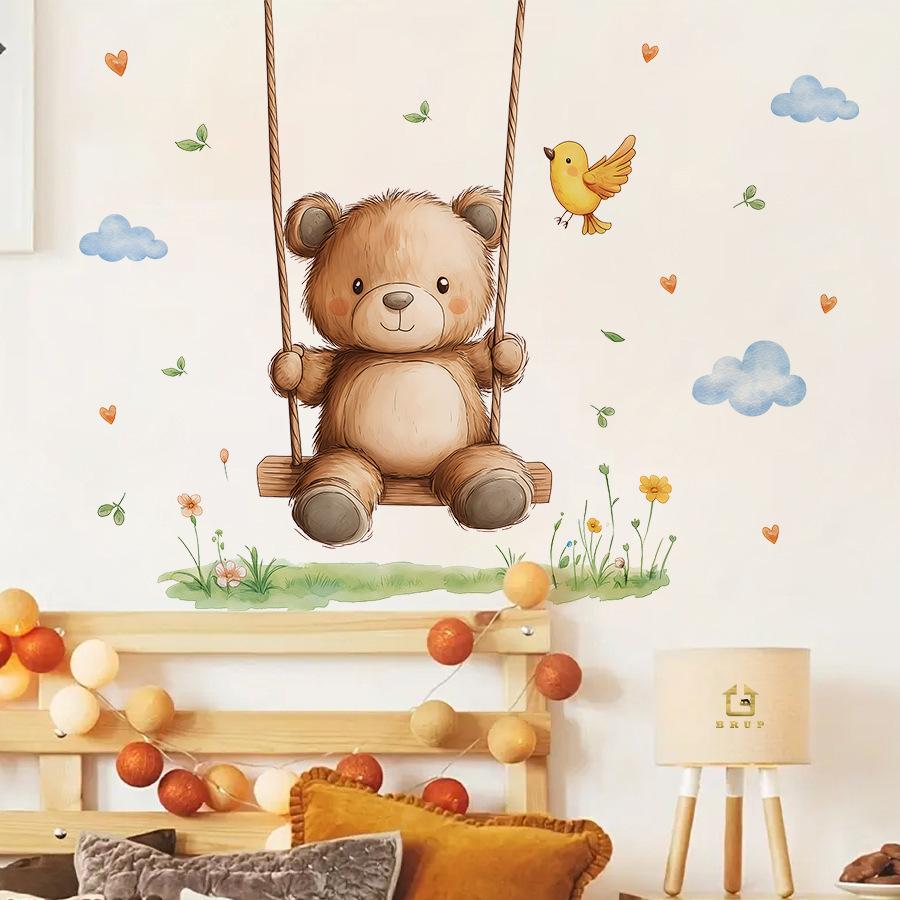 Cute Cartoon Fluffy Bear on Swing with Butterfly Grass Wall Stickers, Self-Adhesive Decor for Bedroom Dorm Room Home Decoration