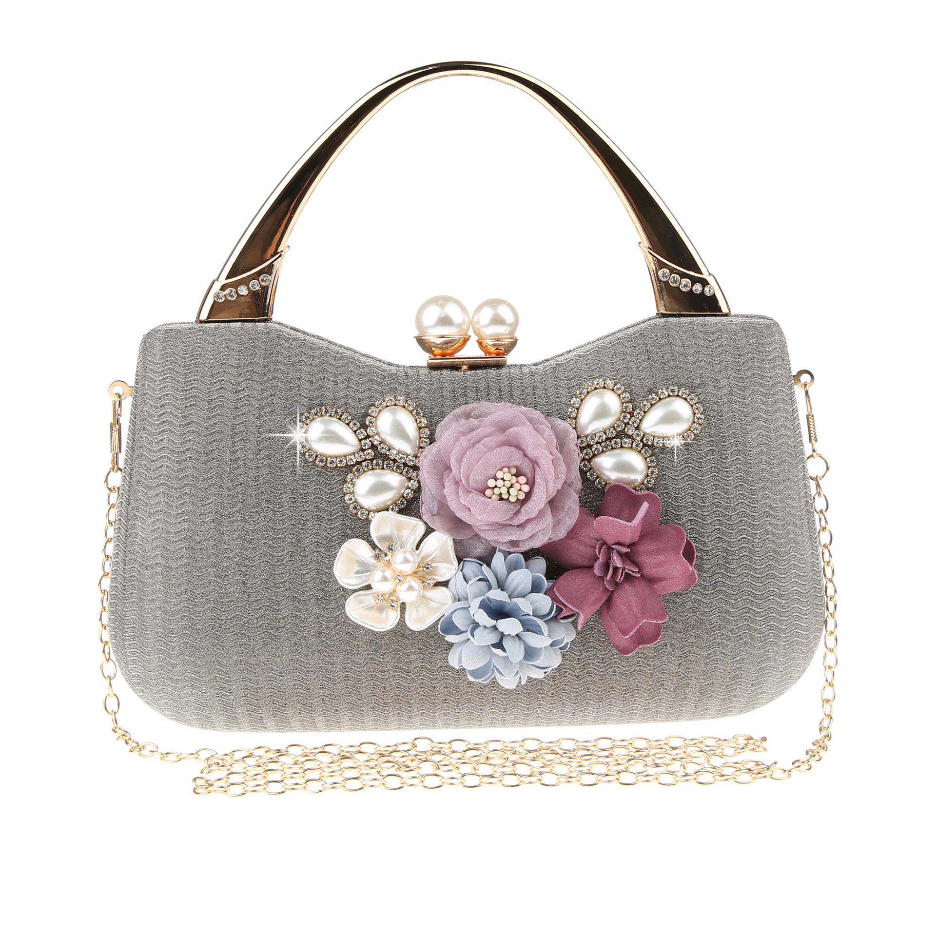 

Flower Clutch Handbag For Lady Flower Evening Bag with Detachable Chain Shoulder Bags for Women Wedding Bride Formal Party Prom серый