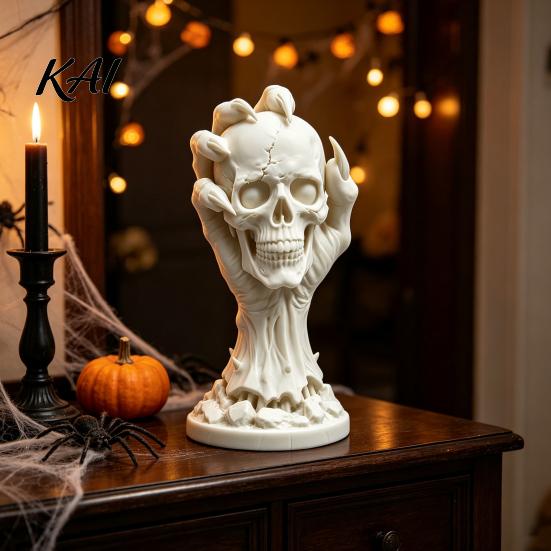 Gothic Home Ornaments 3D Printed Skull & Devil Hand Figurine, Realistic Holding Collectibles for Lovers Statue, Desktop Ornament Halloween