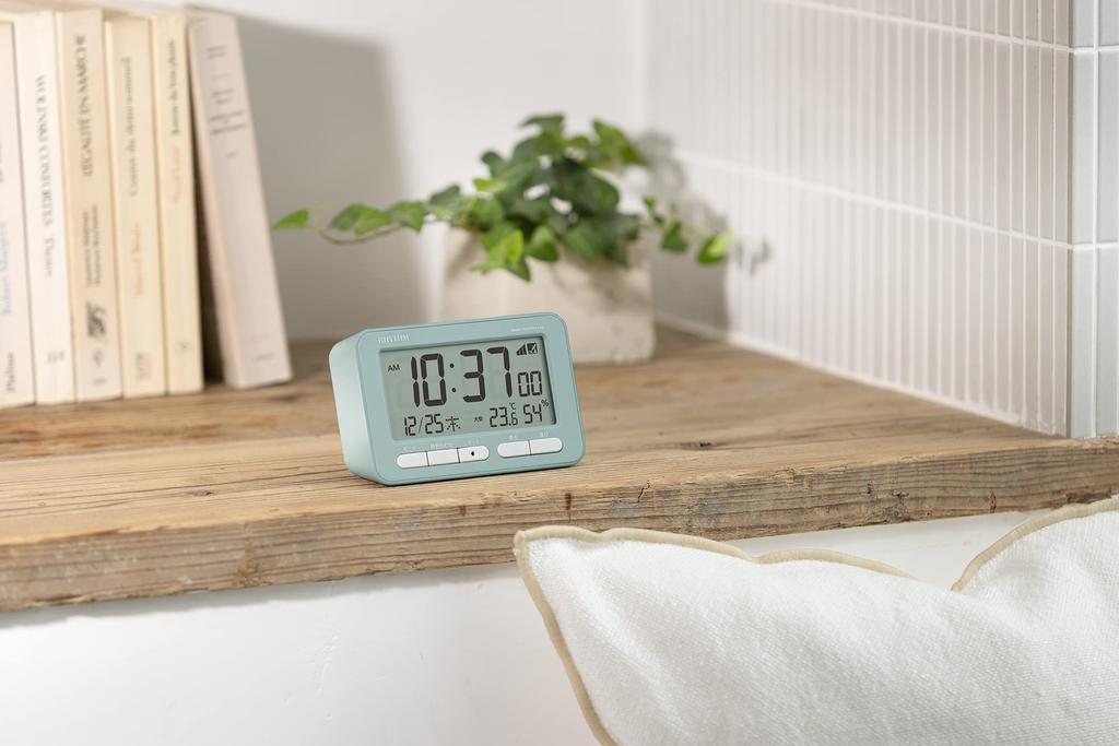RHYTHM Alarm Clock with Electronic Alarm X 12 X Fitwave D234 8RZ234SR04 Radio-Controlled (Snooze), Thermometer, Hygrometer, Calendar, Blue, 7.8 5.4