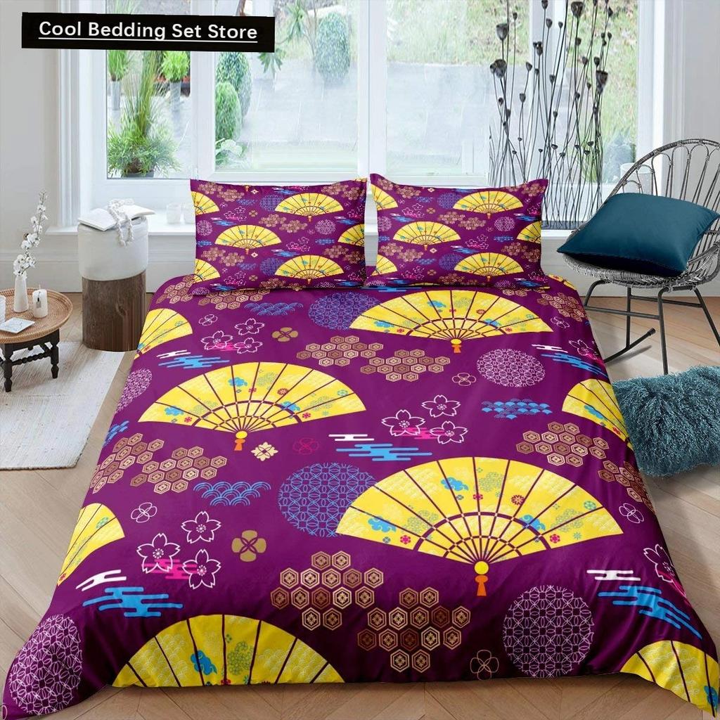 Japanese Style King Queen Duvet Cover Koi Fish Cherry Bedding Set Ukiyo-E Geisha Quilt Cover Sun Crane Polyester Comforter Cover