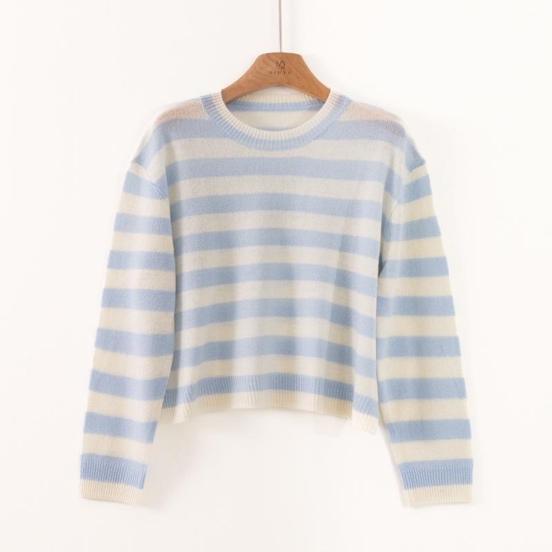 

Пуловер из 100% чистой шерсти с полосками и круглым вырезом, осенний новый свитер в стиле ленивого ветра L синий