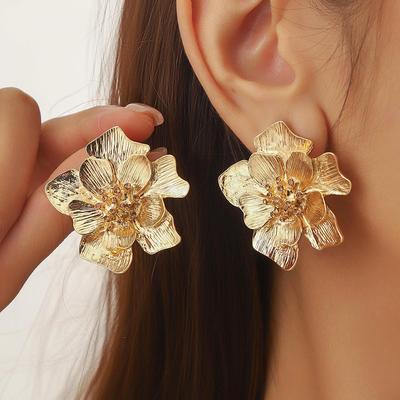 Exaggerated Retro Flower Stud Earrings: Unique Metal Design for Women